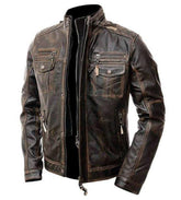 Mens Distressed Motorcycle Real Leather Jacket - Double Pocket Handmade Brown Leather Jacket For Men - MNCLeather